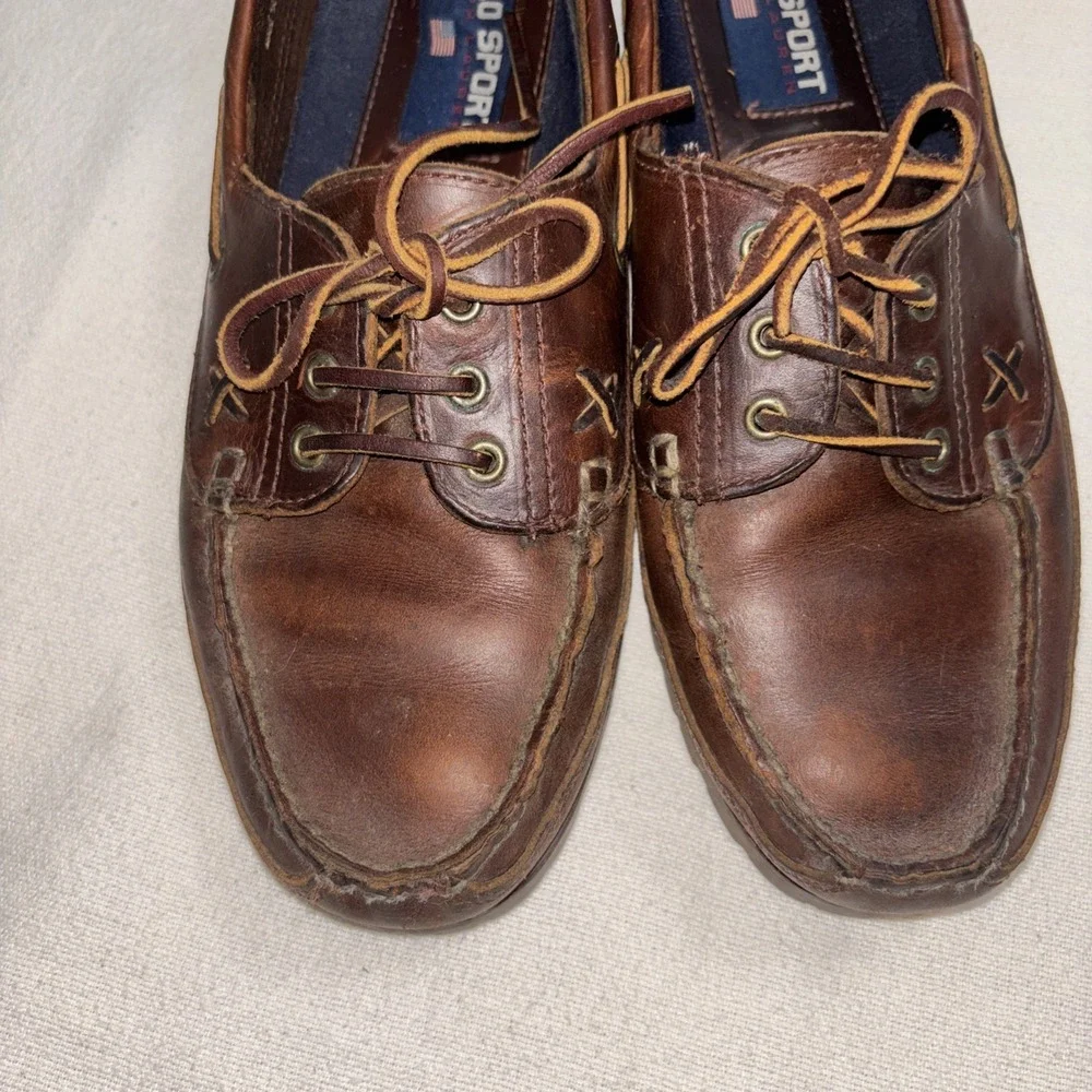 VTG 90's POLO‎ SPORT Ralph Lauren Brown Leather Boat Shoes Loafers Men's 10.5 D